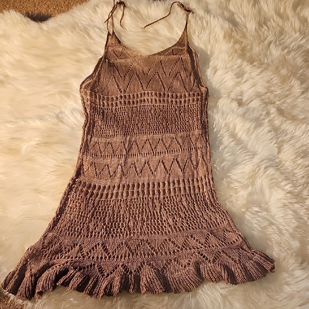 Elegant Brown Knit Swim Coverup - Picture 2 of 10